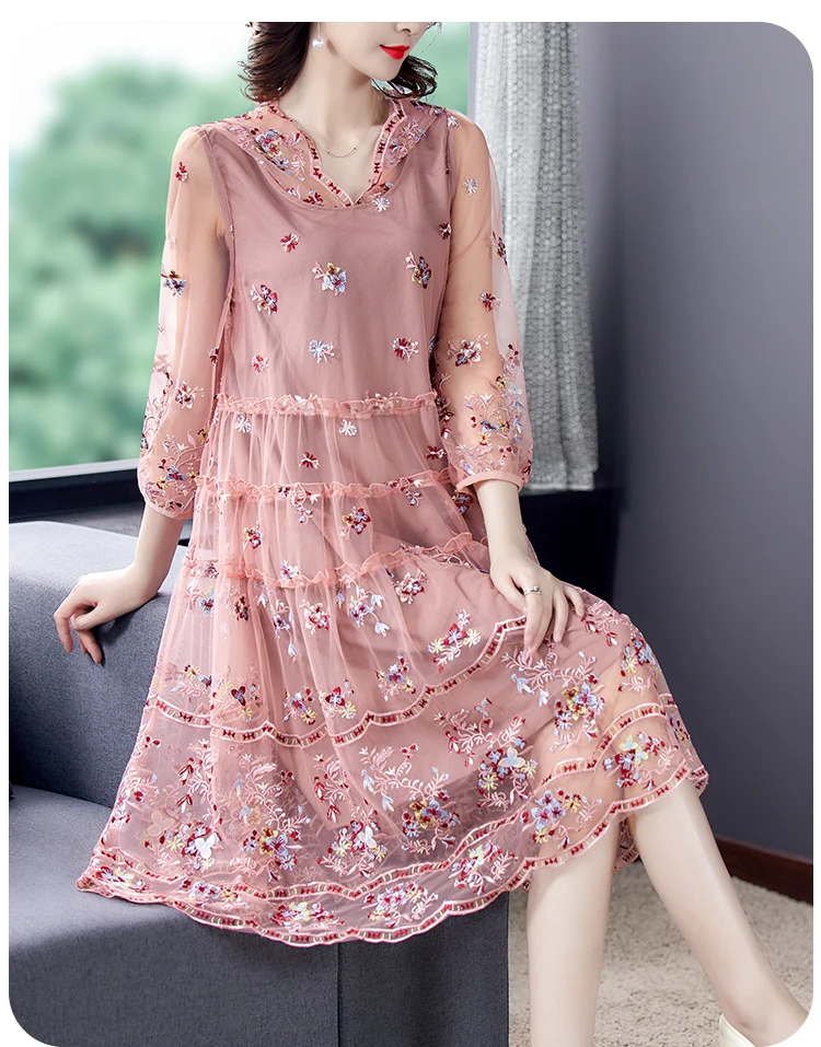 Women Loose Red Floral Mesh Embroidery Midi Dress 2021 Summer Vintage 5XL Plus Size Casual Dress Elegant Bodycon Party Vestidos