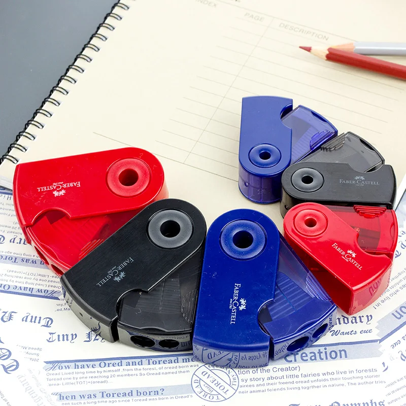 

3pcs Faber Castell mini sleeve pencil sharpener 1827 Single/Double Hole Red/Blue/Black with container Office and School Supplies