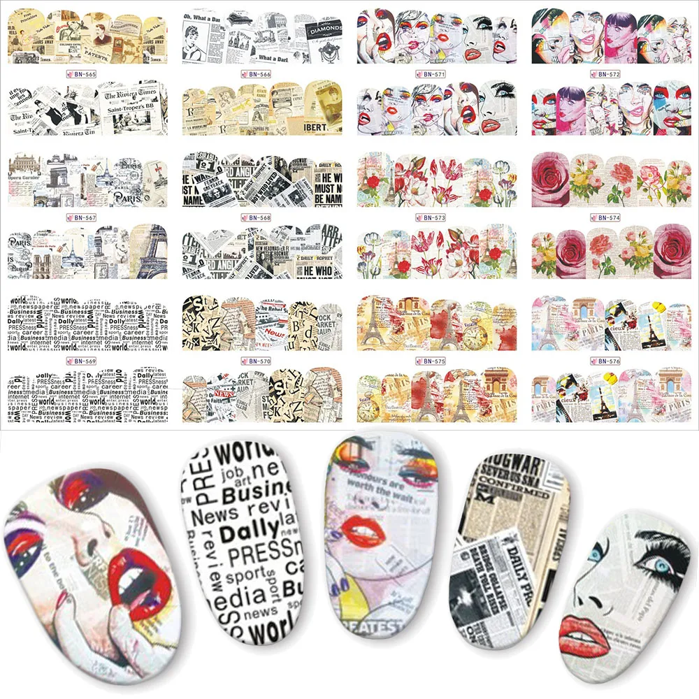 

12pcs New Retro Design Newspaper Urban Girl DIY Water Nail Art Transfer Stickers For Slider Nails Decal BN565-576