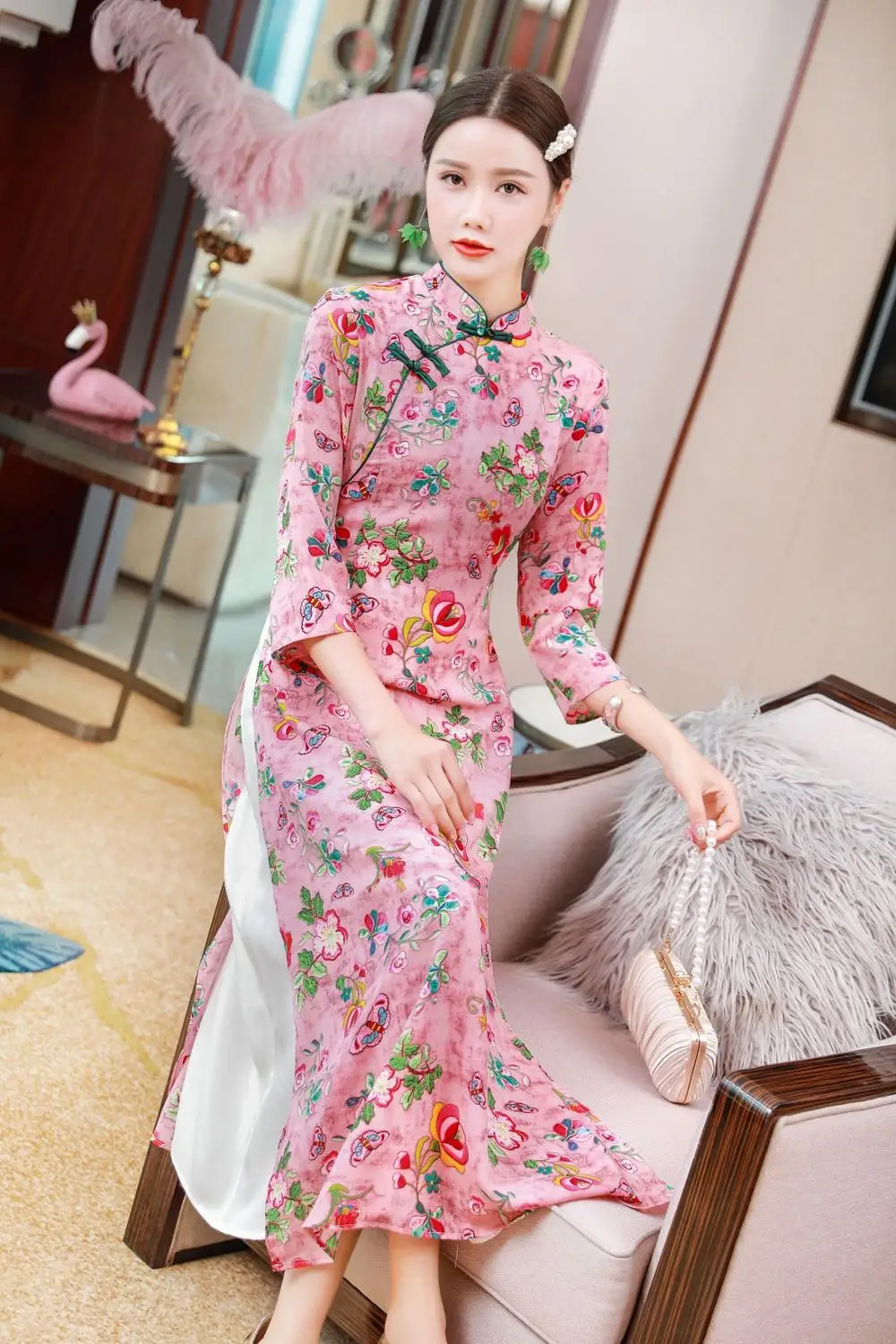 Женское платье с розовым цветочным принтом вьетнамское шифоновое qipao|ao dai|vietnam