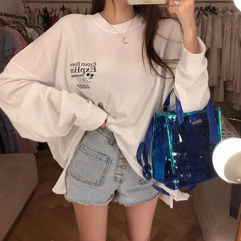 

Letter Print Spring T-Shirts Women O-Neck Loose Oversized Tops Thin Black White Harajuku Shirts 100%Cotton Split Streetwear Z063