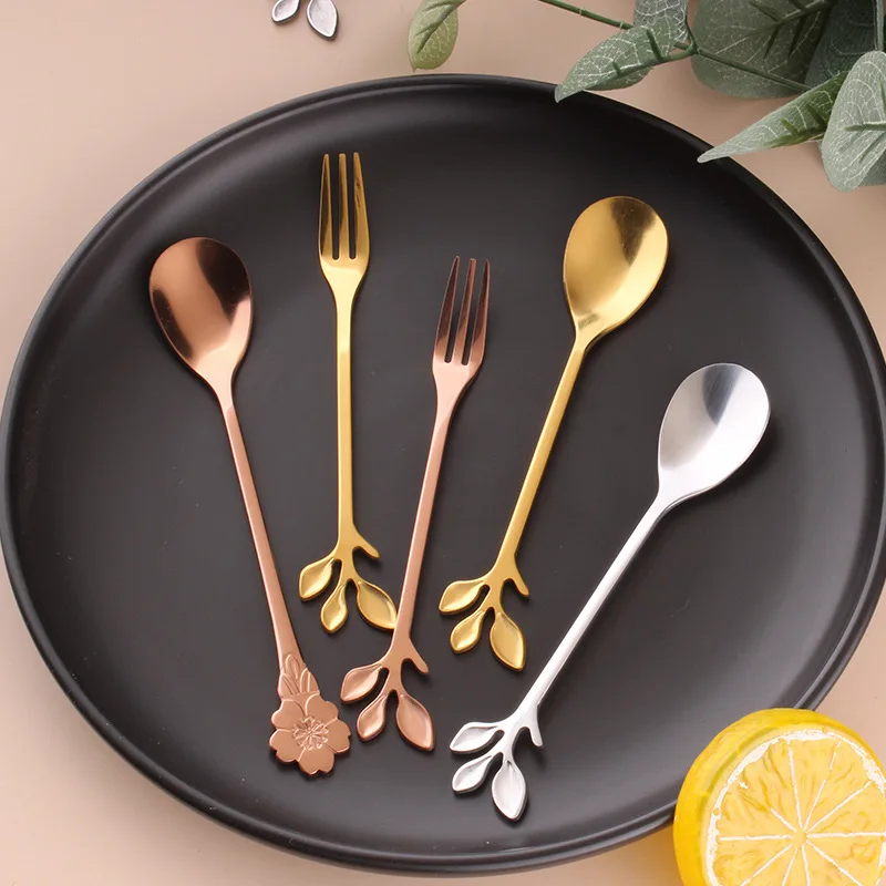 Mini 304 Stainless Steel Stirring Spoon Leaves Fruit Fork Nordic Cherry Blossom Handle New Style Coffee | Дом и сад