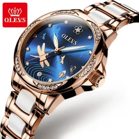 automatic mechanical woman watch diamond natural mother of pearl dragonfly dial stainless steel ceramic waterproof olevs6610