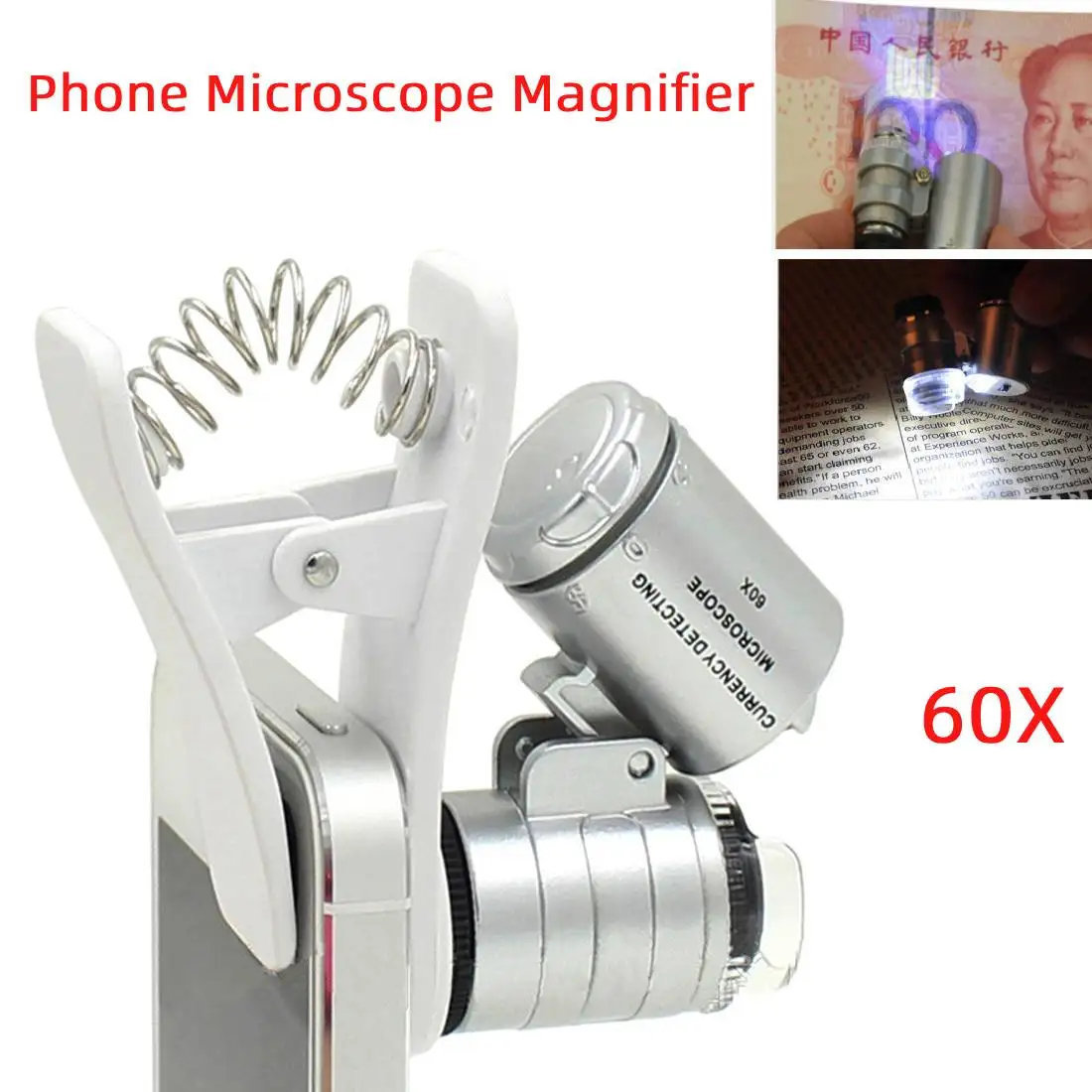 

Optical Zoom Telescope Camera Lens 60X Clip On Mobile Phone Microscope Magnifier with LED/ UV Lights for Universal Smart Phones