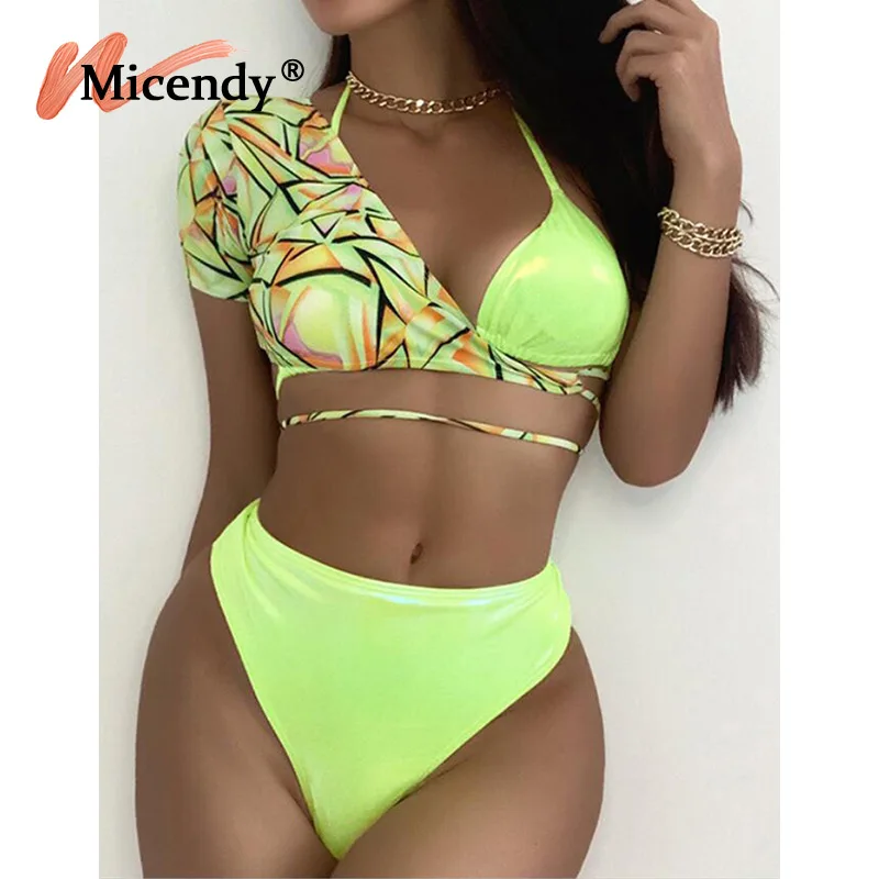 

Micendy Leather Bikinis Women Clothing Three Pieces Set Sexy One Shoulder Shirt Bathing Suits Swimwear High Waist Swimsuit Beach