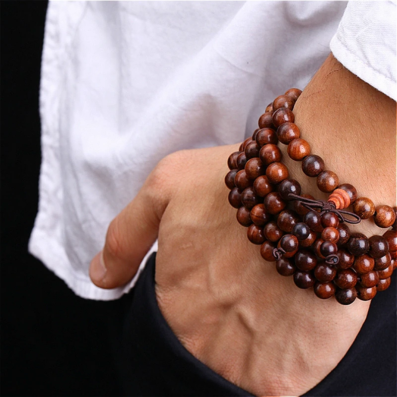 

108 *0.8cm Red Sandalwood Tibetan Buddhist Sandalwood Prayer Beads Mala Buddha Bracelet Rosary Wooden Bangle Jewelry