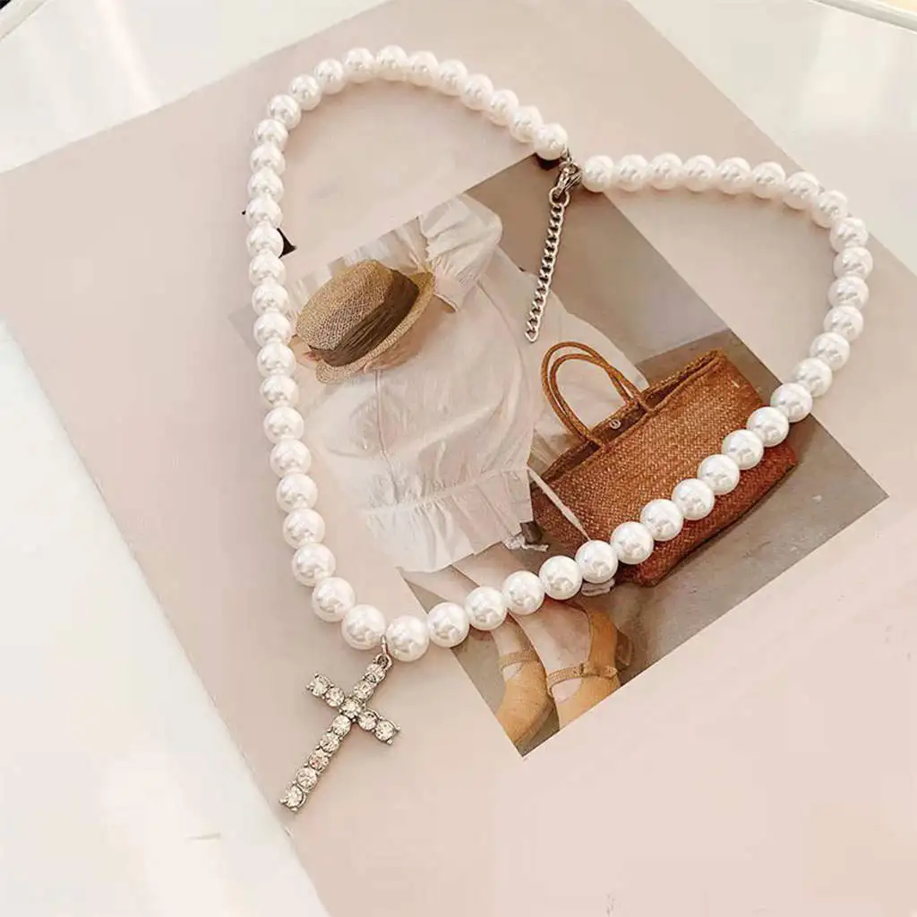 

Pearl Pendant Necklaces Fashion Cross Beaded Chain for Anniversary Women Men