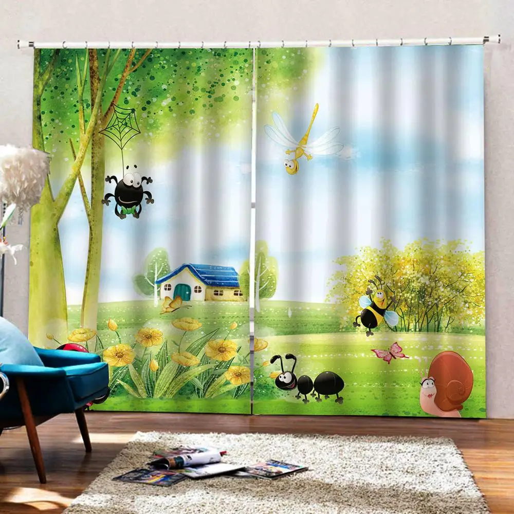 Cartoon Indoor Decor Large Window Small House under Tree and spider on Light Curtain For Living room Bedroom Drapes Sets | Дом и сад