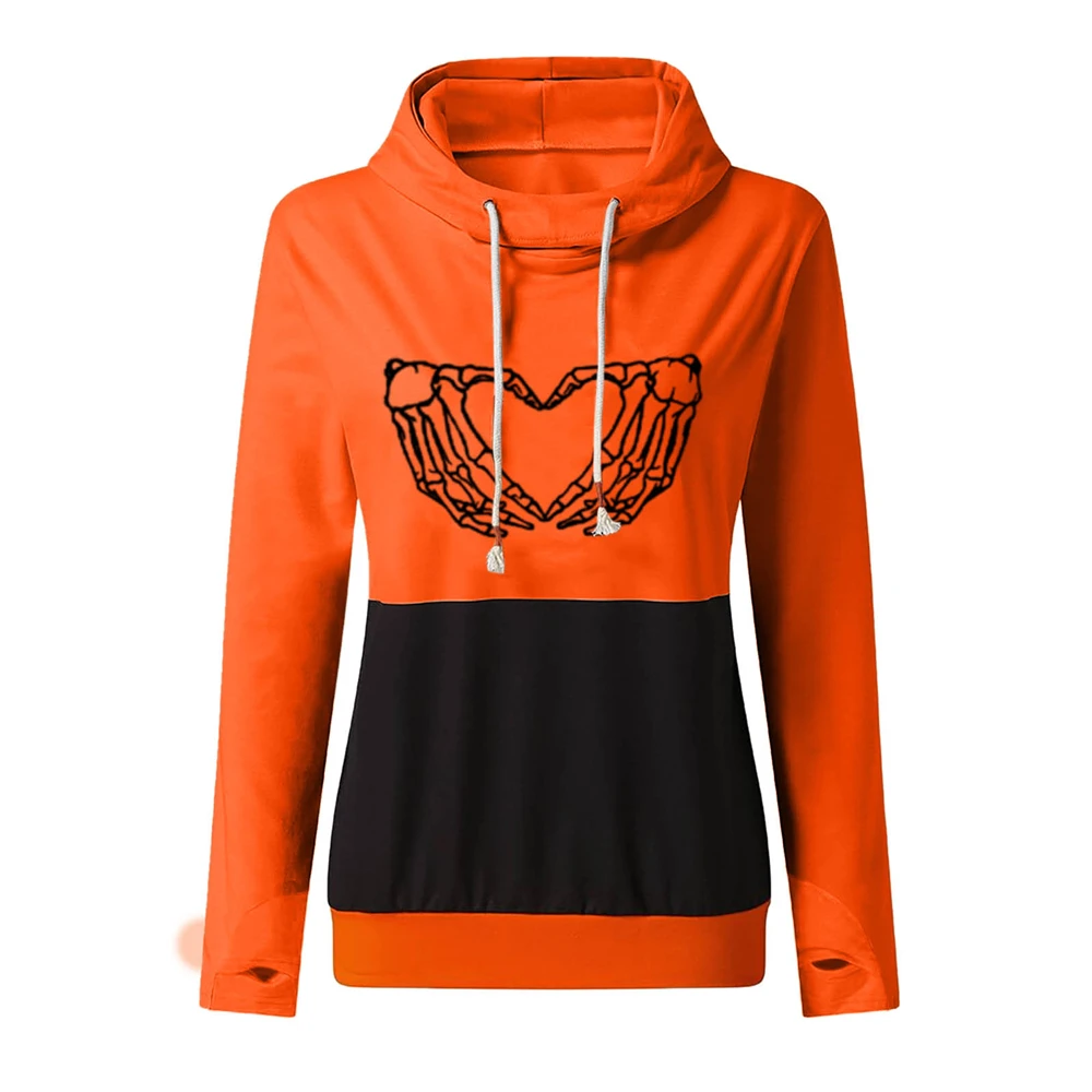 

Праздничные женские пуловеры, Осенние контрастные повседневные Лоскутные облегающие толстовки оранжевого цвета с длинным рукавом и принт...