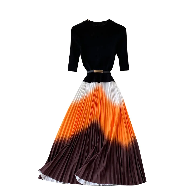 

2021 New Fashion Fake Two-piece Elegant Knitted Stitching O-neck Pleated Skirt Women's Waist Big Swing Slim Stretch Dress