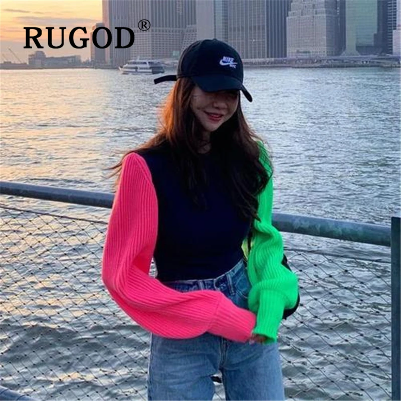 RUGOD, корейское, шикарное лоскутное, свитер, женский, модный, Круглый, с рукавом-фонариком, вязанный, для девушек, пуловеры, Осень-зима, повседневные пальто
