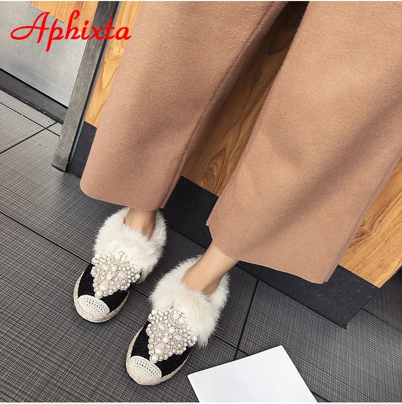 Aphixta зимние теплые тапочки с натуральным мехом; женская обувь на шнуровке с жемчугом и кристаллами; шикарная плюшевая женская обувь с натуральным кроличьим мехом