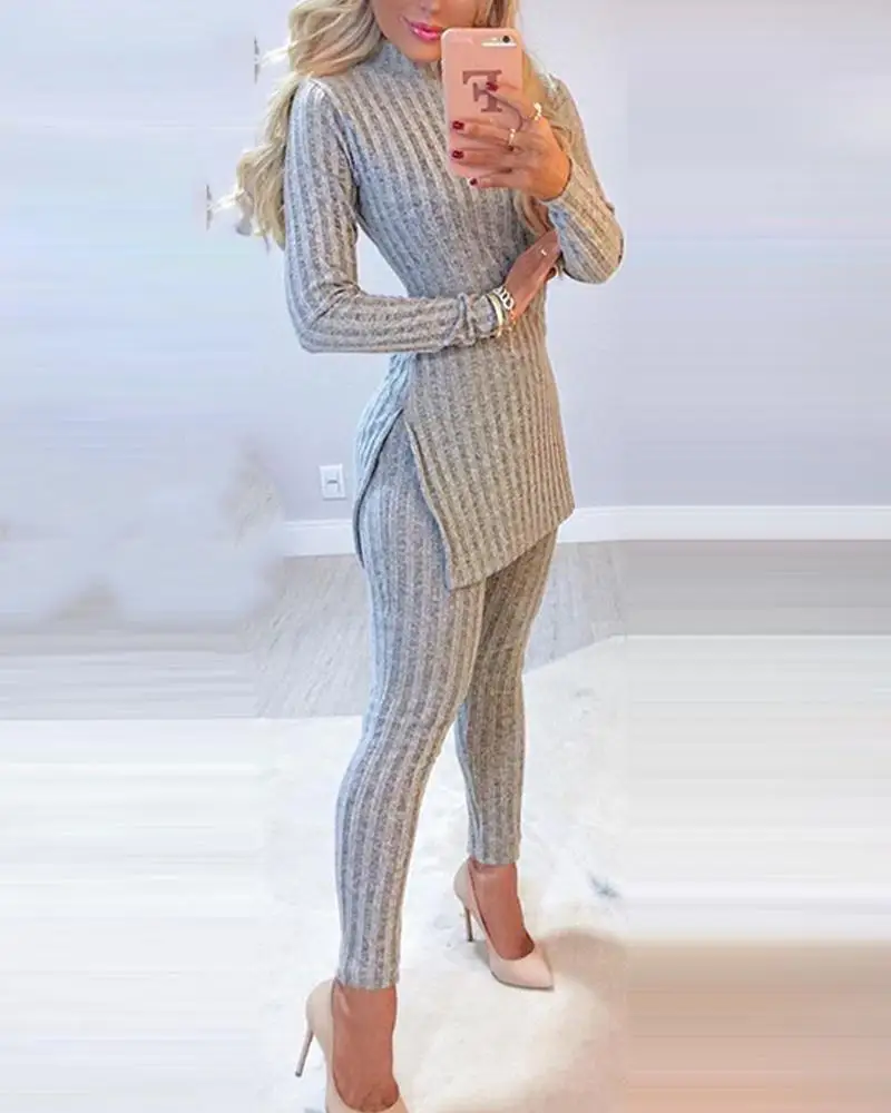 

2021 Fall Winter Knitted 2 Piece Suits Women Long Sleeve Ribbed Slit Long Top and High Waist Pencil Pants Set