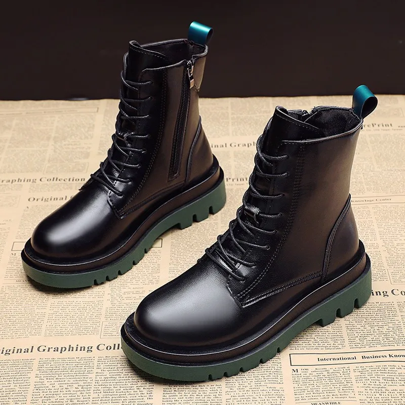 Women's 2022 Fall Fashion Black Leather Platform Gothic Punk Fighting Shoes Round Toe Botines De Mujer Sexy