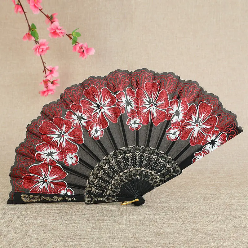 

Black background with flowers Chinese fan ancient style cheongsam fan dance fan net red fan plastic fan