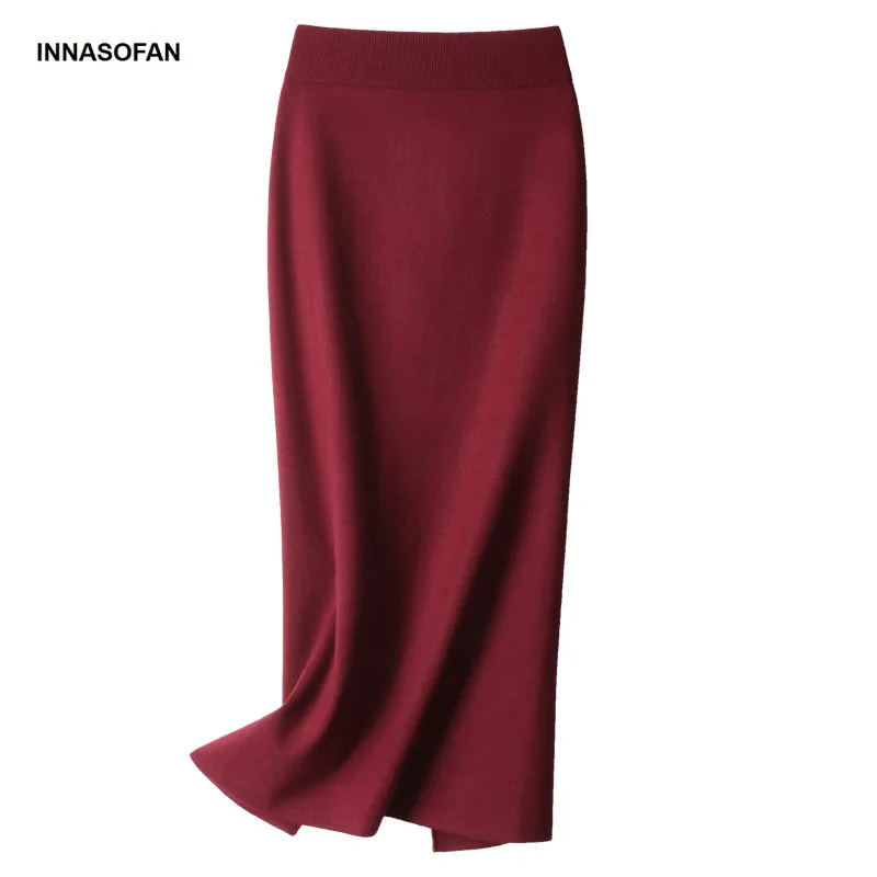 INNASOFAN knitted skirt Women's Autumn-winter sexy high waist skirt Fashionable high-end chic long solid skirt