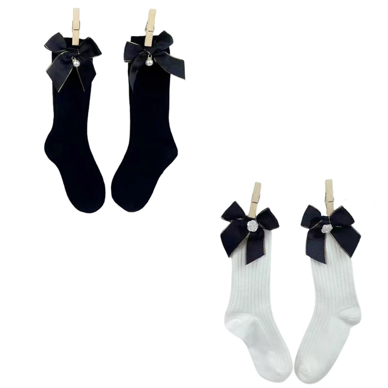 

2 Pairs Japanese Lolita Women Cotton Crew Socks Harajuku Vintage Imitation Camellia Pearl Ribbon Bow Mid Tube Hosiery зима retro