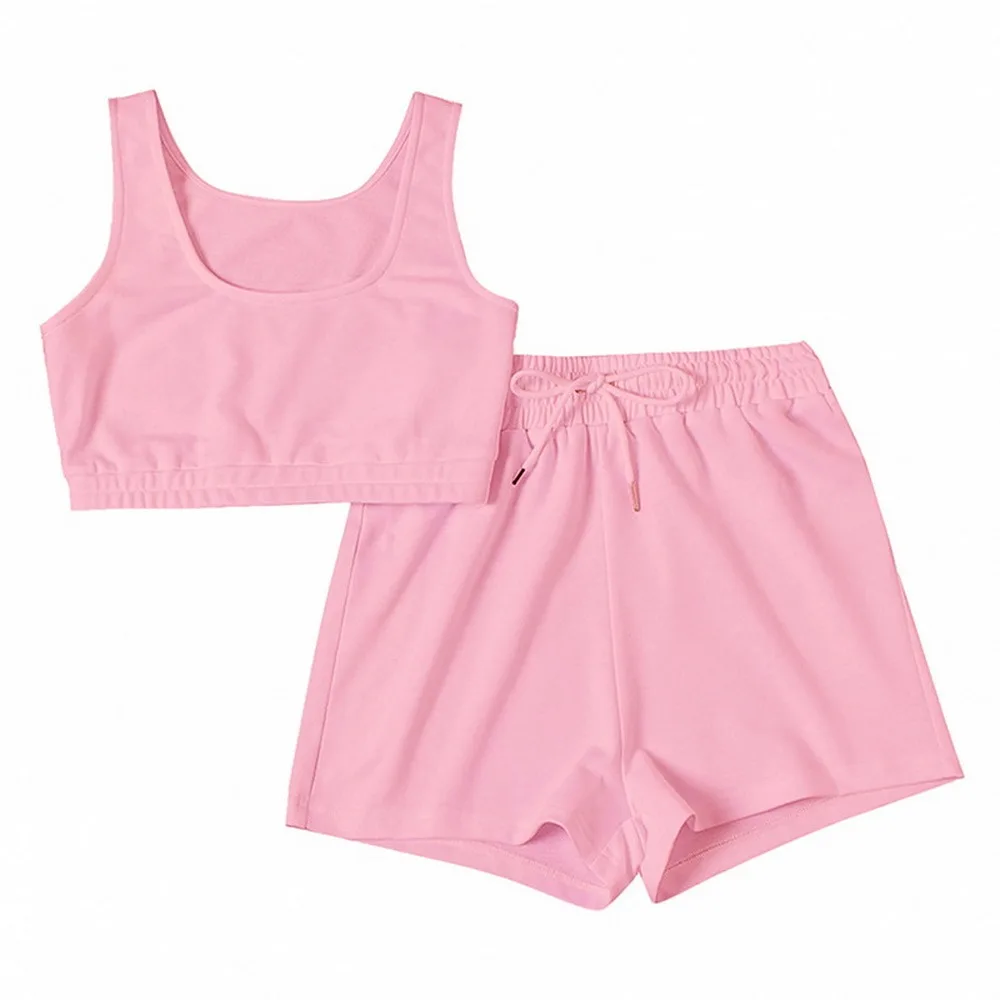 

Casual Solid Sportswear Two Piece Sets Women 2021 Crop Top And Drawstring Shorts Matching Set Summer Athleisure Outfits