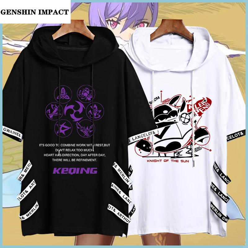 

Костюм для косплея Game Genshin Impact, летняя Модная хлопковая футболка с капюшоном, шорты Klee, Эмбер, паймон, Keqing, комплект из топа для взрослых