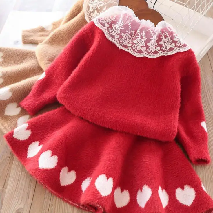 2019 г. Новые Детские комплекты вязаных свитеров с сердечками кружевной свитер Топ