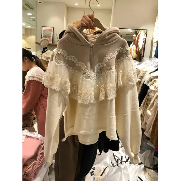 

Korean 2021 Autumn and Winter New Lace Stitching Loose Pullover and Fleece Sweater Korean Style Sweet Easy Matching Coat Women