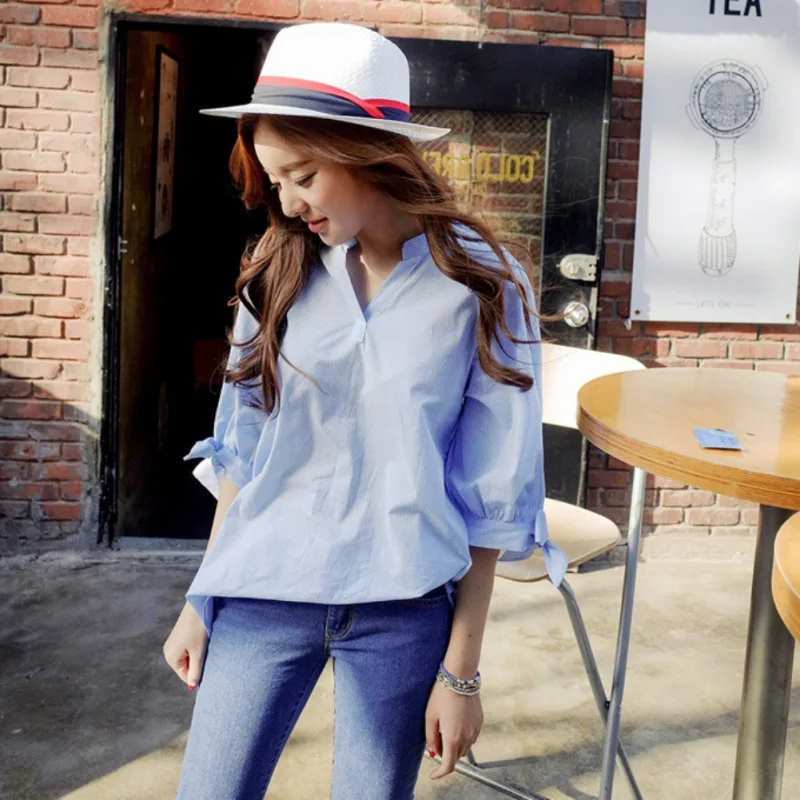 Женская блузка в тонкую полоску с коротким пышным рукавом синяя рубашка блуза v