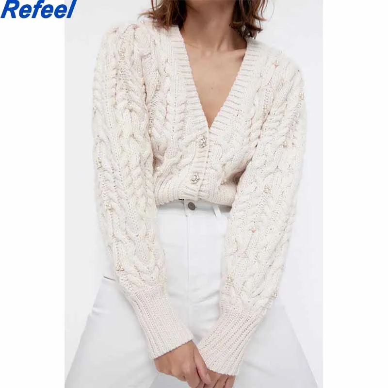 

Women's Spring Knitted Cardigan Women Sweater Thick Loose Lantern Sleeve Pearl Button Short Sweet And Lazy Style