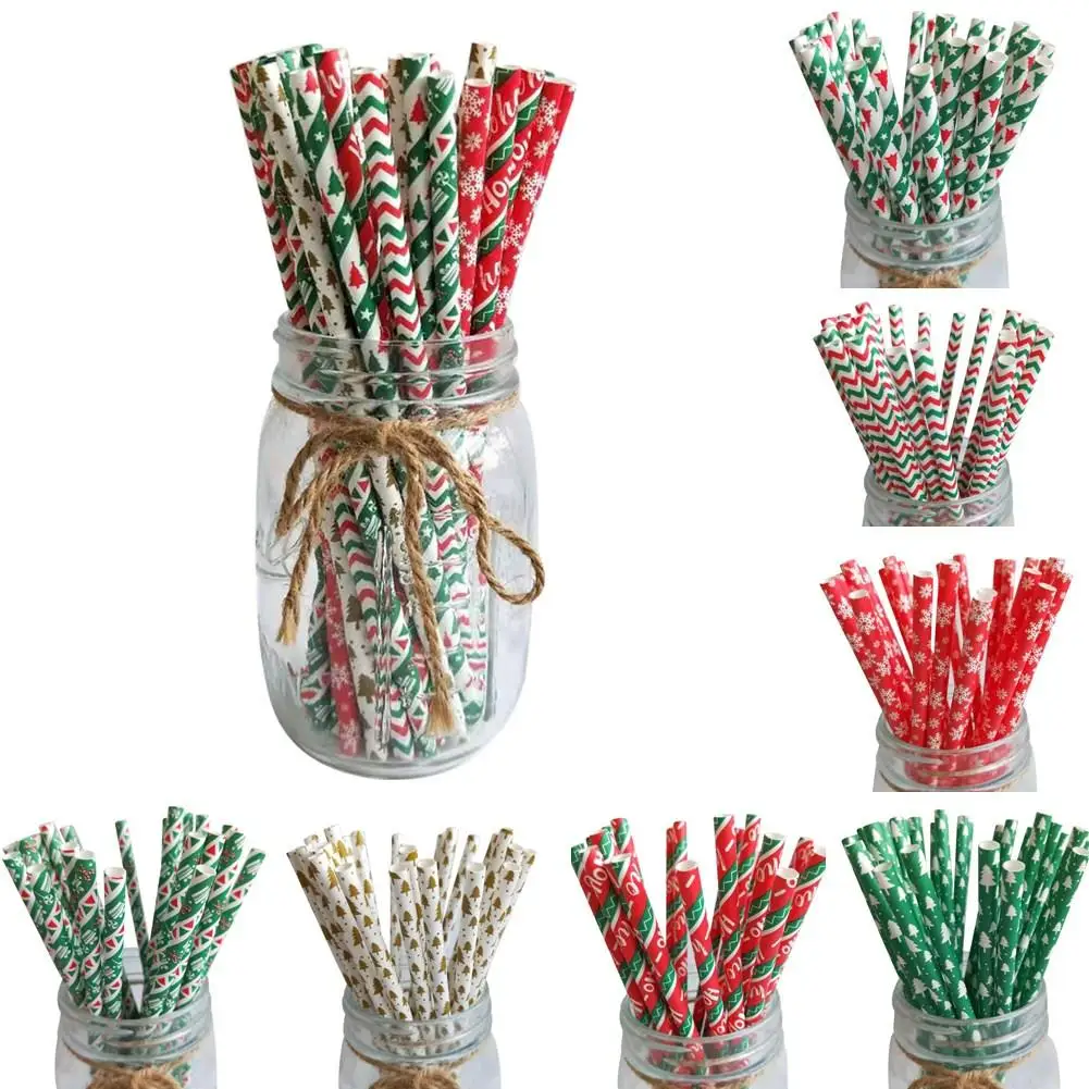 

Одноразовые рождественские бумажные соломинки, биоразлагаемая крафт-бумага, питьевая соломинка, рождественские украшения, 25 шт.
