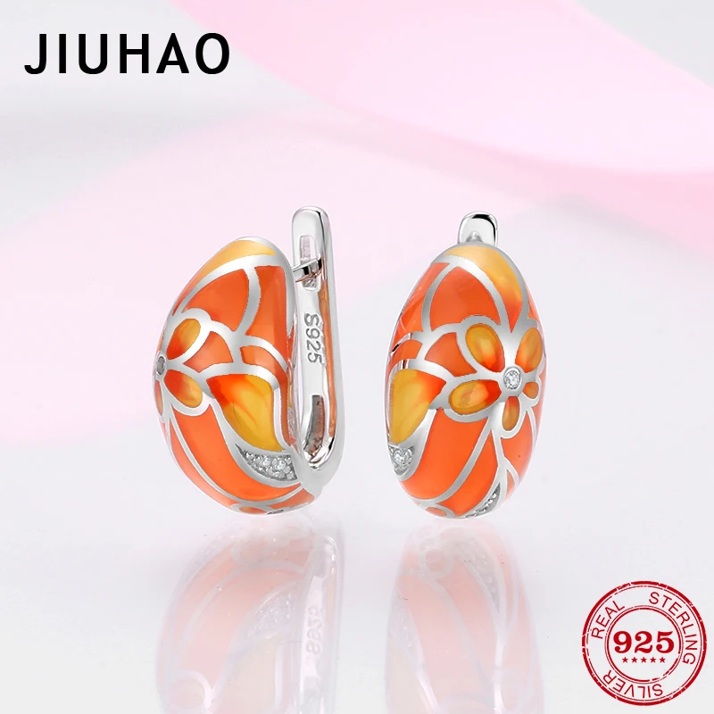 Серьги с оранжевыми цветами серебряные серьги для женщин белые камни из фианита