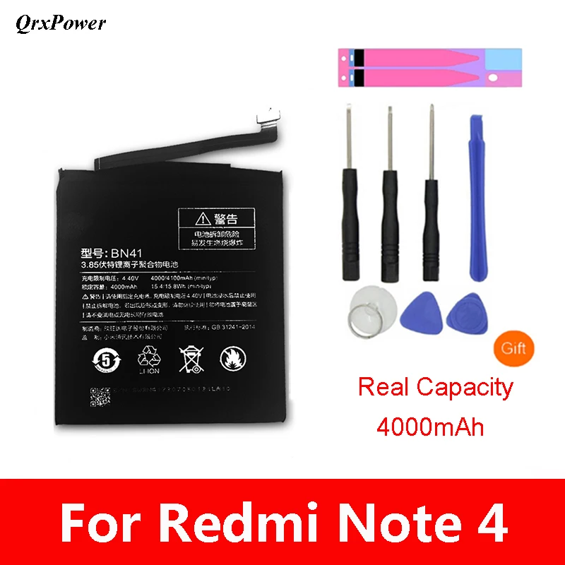 Аккумулятор мобильного телефона BN41 для Xiaomi Redmi Note 4 реальная емкость 4000 мАч Замена литий-ионная батарея+ инструмент