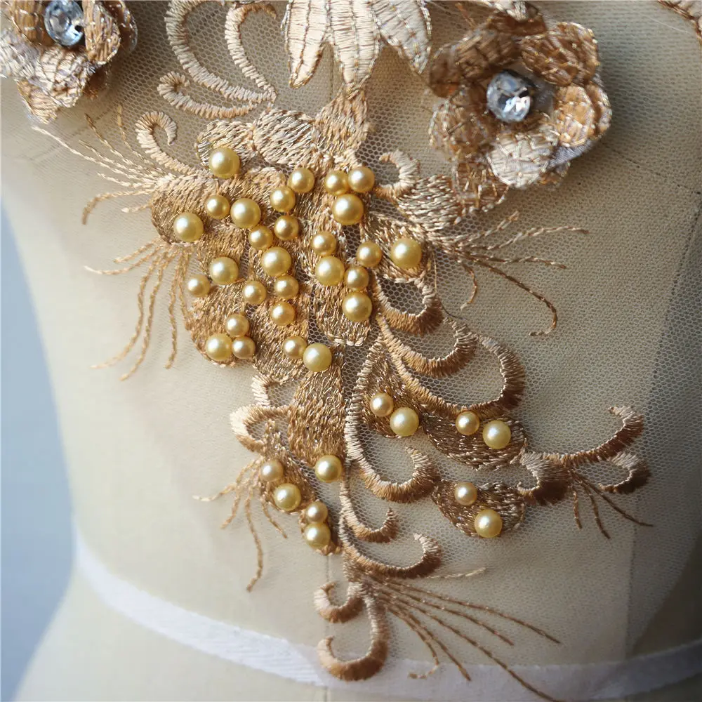 Золотой цветок кружевной ткани бисером вышитое платье Аппликации планки