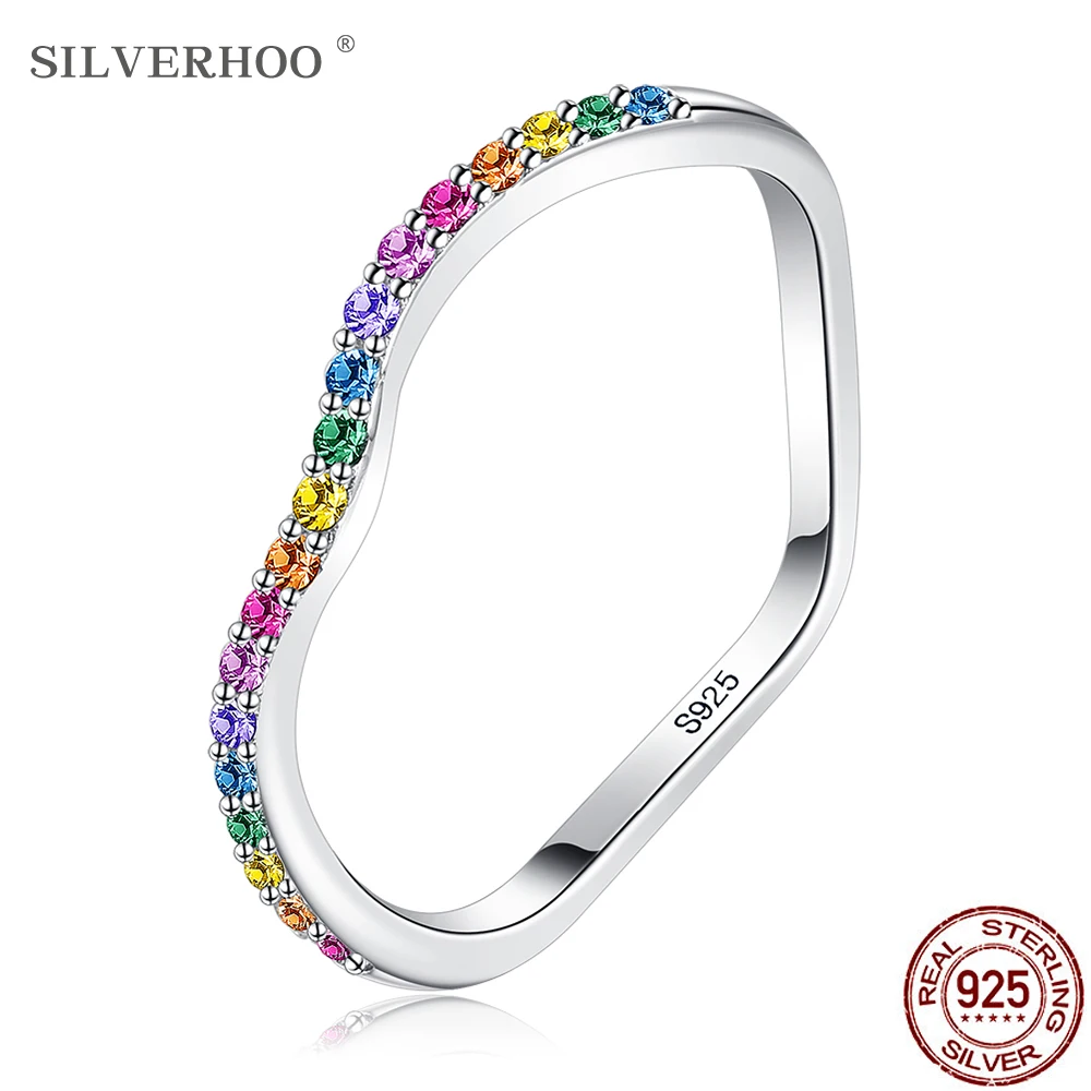 

SILVERHOO 925 Sterling Silver Rings Wave Rainbow Color Women Ring Full Cubic Zirconia Fine Jewelry Anniversary Hot Selling Gift