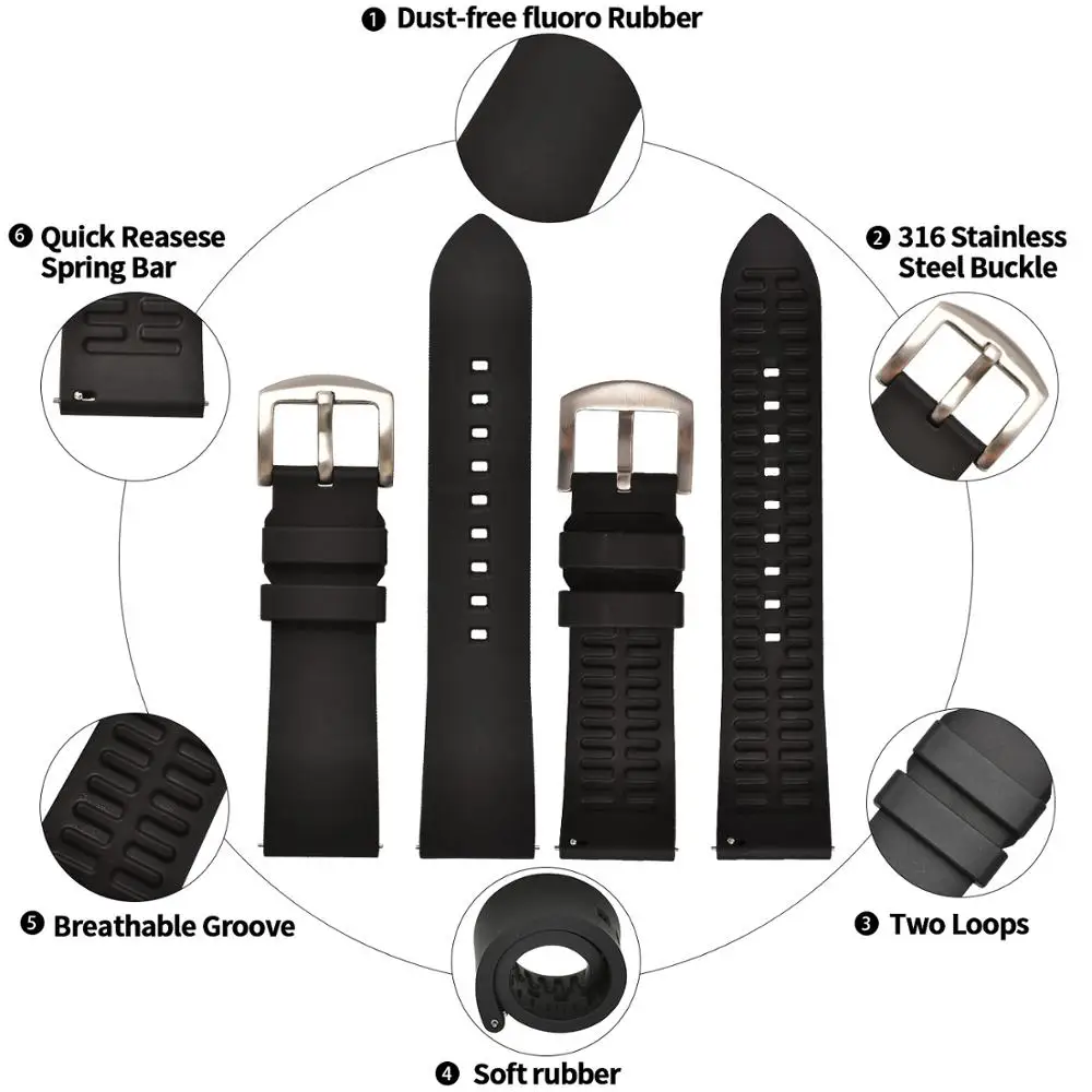 BEAFIRY Quick Release Watch Band 18mm 19mm 20mm 21mm 22mm 24mm Silicone Rubber Strap Watchband Brown Orange Black Waterproof