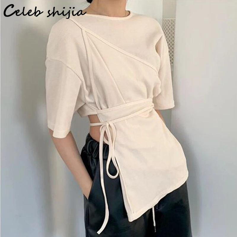 

Slim Short-sleeved T-shirt Irregular Top Woman Apricot Chic O-neck Korean Fashion Woman Tshirts Lace-up Harajuku Clothes Fall
