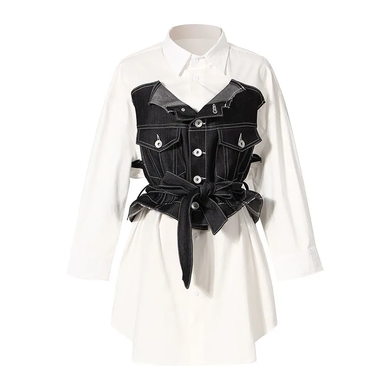 

Korea 2021 Autumn New Fashion Women Turn-down Collar Long Sleeve Denim Sashes Spliced Elegently Mini White Shirt Dress