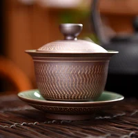 Longquan celadon hand jump knife Sancai cover bowl tea bowl cup ceramic kungfu tea set tea bowl collection gift box
