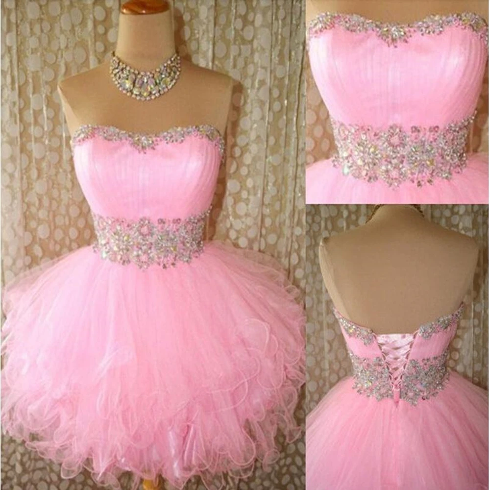

New Arrival 2022 Short Mini Pink Prom Gowns Crystal Cocktail Dresses Sequined Beaded Party Ruffled Short Homecoming Dresses