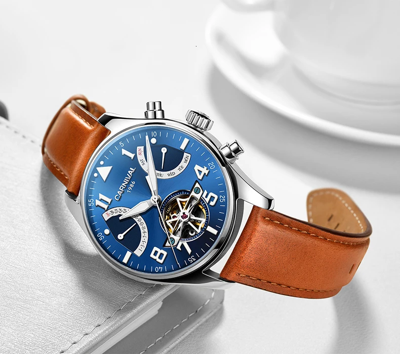 Tourbillon, мужские часы, розовое золото, чехол, синий циферблат, карнавал, автоматические часы, мужские, люксовый бренд, механические часы, Мода