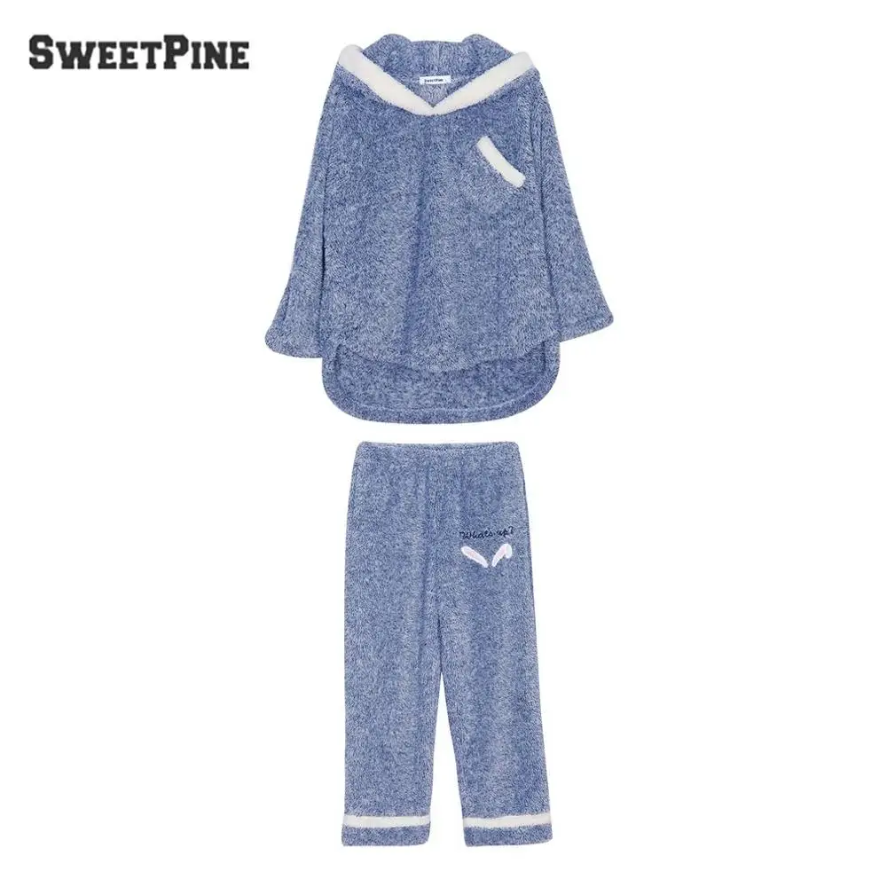 blue Бренд SWEETPINE, высокое качество, женские пижамные комплекты, зимние Утепленные фланелевые пижамы, комплект из 2 предметов, топы с капюшоном и теплые штаны, домашняя одежда - Цвет: blue