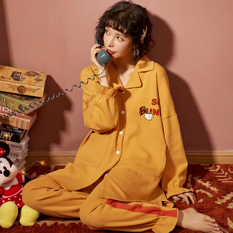 Autumn Winter Warm Comfortable Pajama M-3XL Women Plus Size Sleepwear Set Cotton Women's Print Cute Cardigan Button Pyjamas | Женская