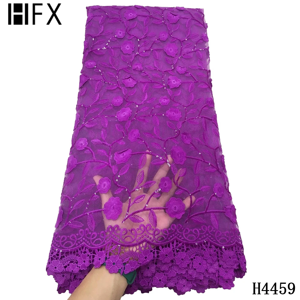 

HFX Latest Purple African Embroidery Tulle Lace Fabric 2021 High Quality French Milk Silk Sequin Lace Fabric 5 Yards F4459
