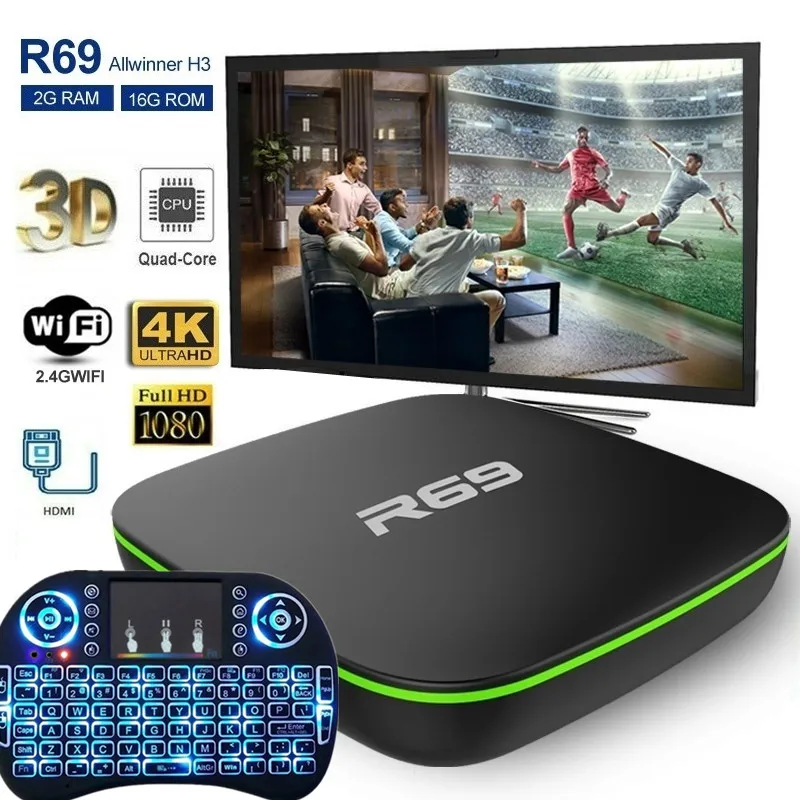 R69 Smart Android 7,1 tv Box 2 Гб 16 Гб IP tv H3 четырехъядерный WiFi 2,4 ГГц 1G8G телеприставка 1080P HD Поддержка 3D фильмов медиаплеер
