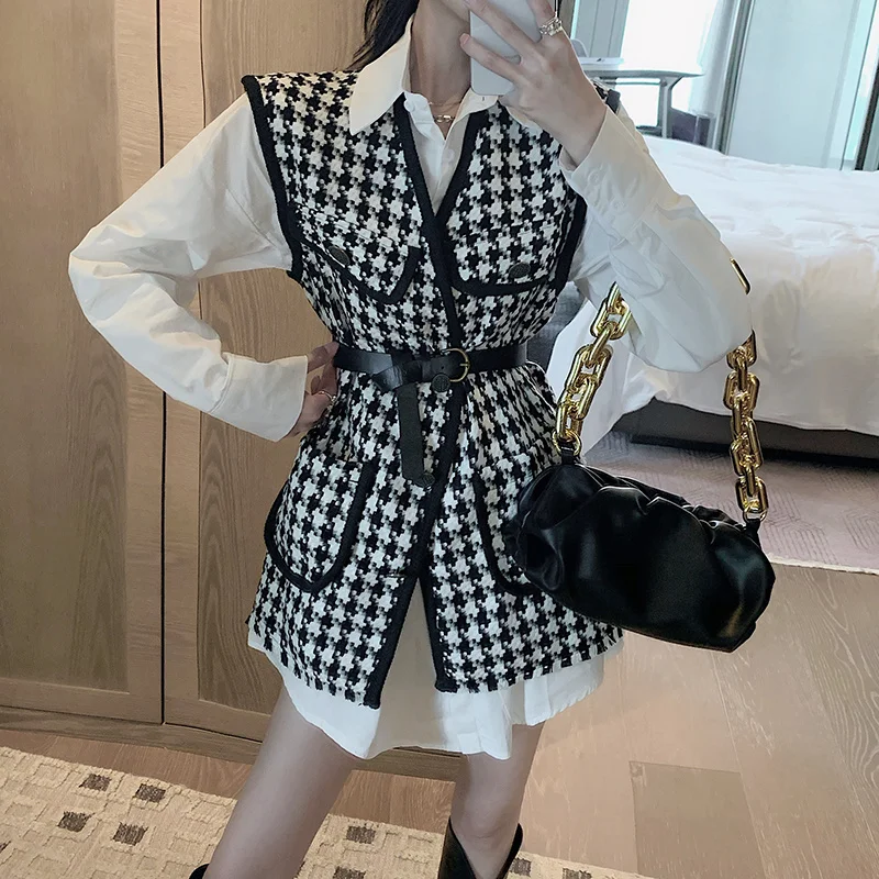 

[EWQ] Autumn New Suit Solid Color Simple Women Blouse + Chic Sashes Slim Waist Plaid Panelled Patchwork Vest Coats 2 Piece Set