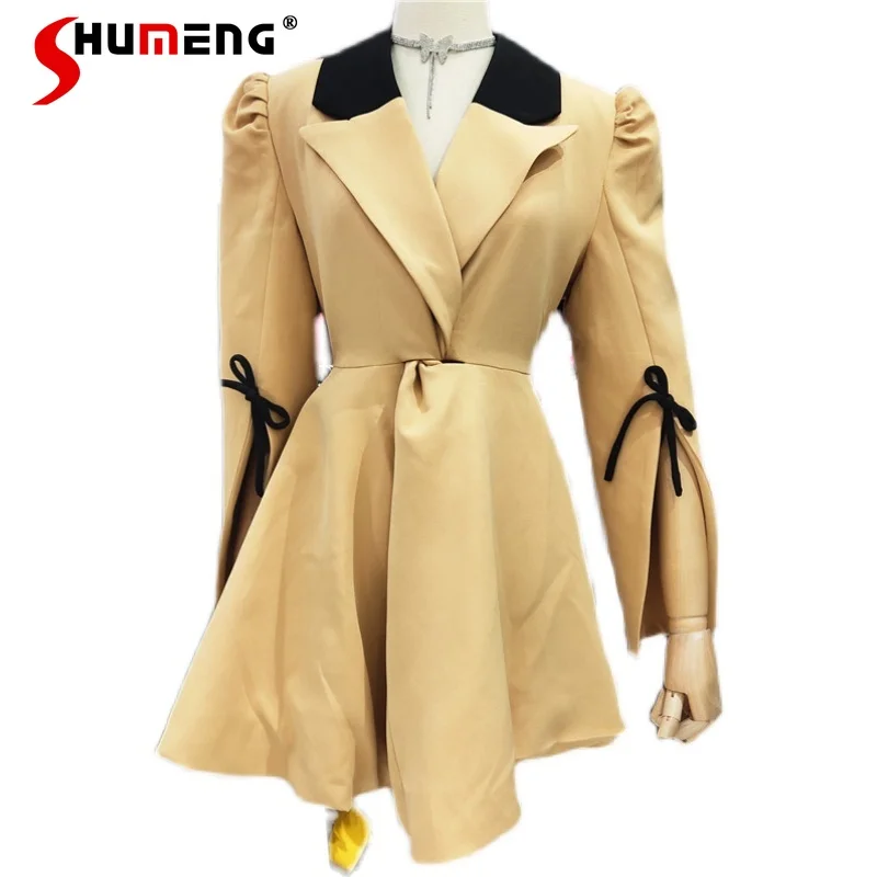 

Элегантное желтое Деловое платье контрастных цветов с лацканами и бантом, Новинка осени 2021, трапециевидные платья на пуговицах для женщин и...