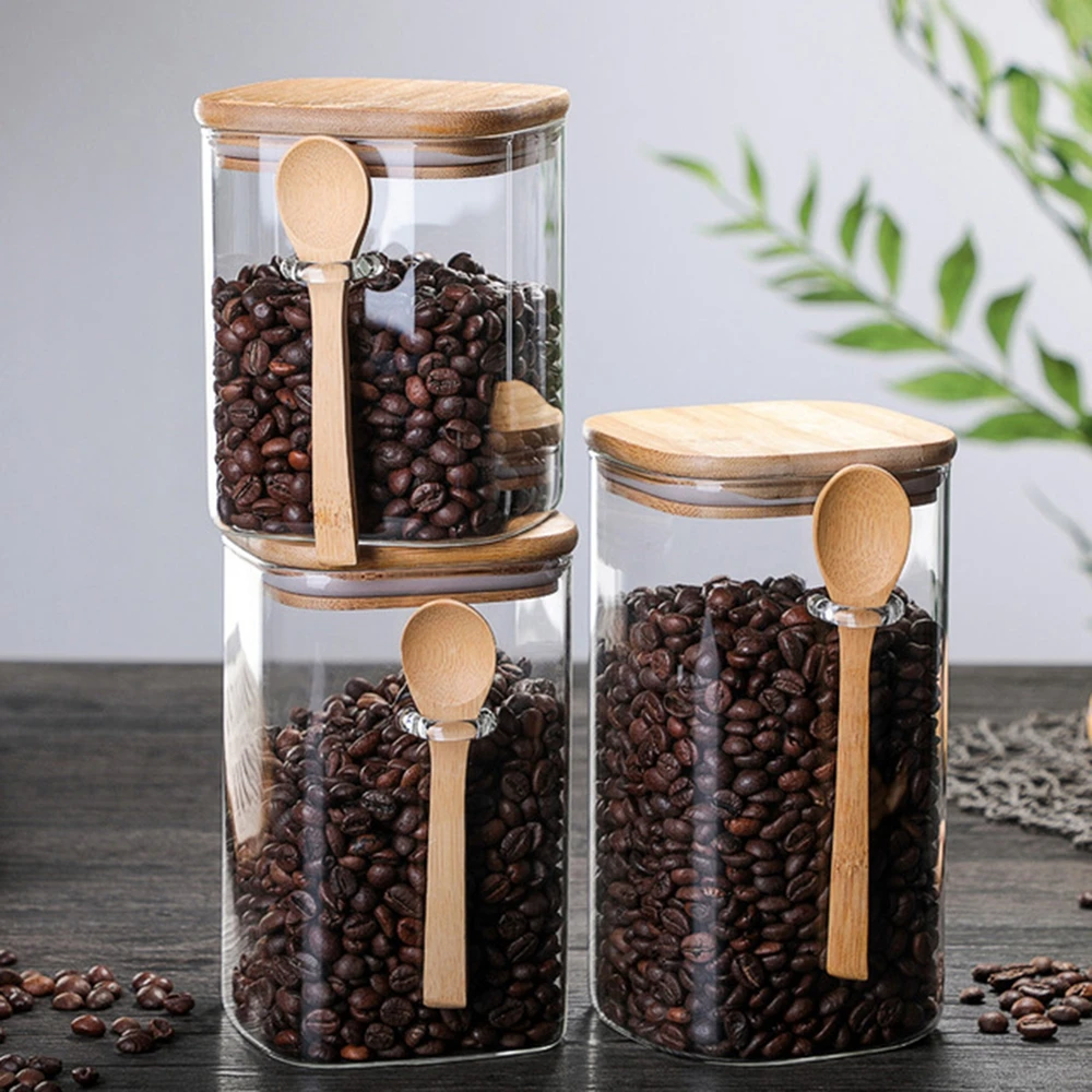 

Storage Tank Square with Wooden Spoon Condiment Coffee Beans Tank Storage Bottles Jars