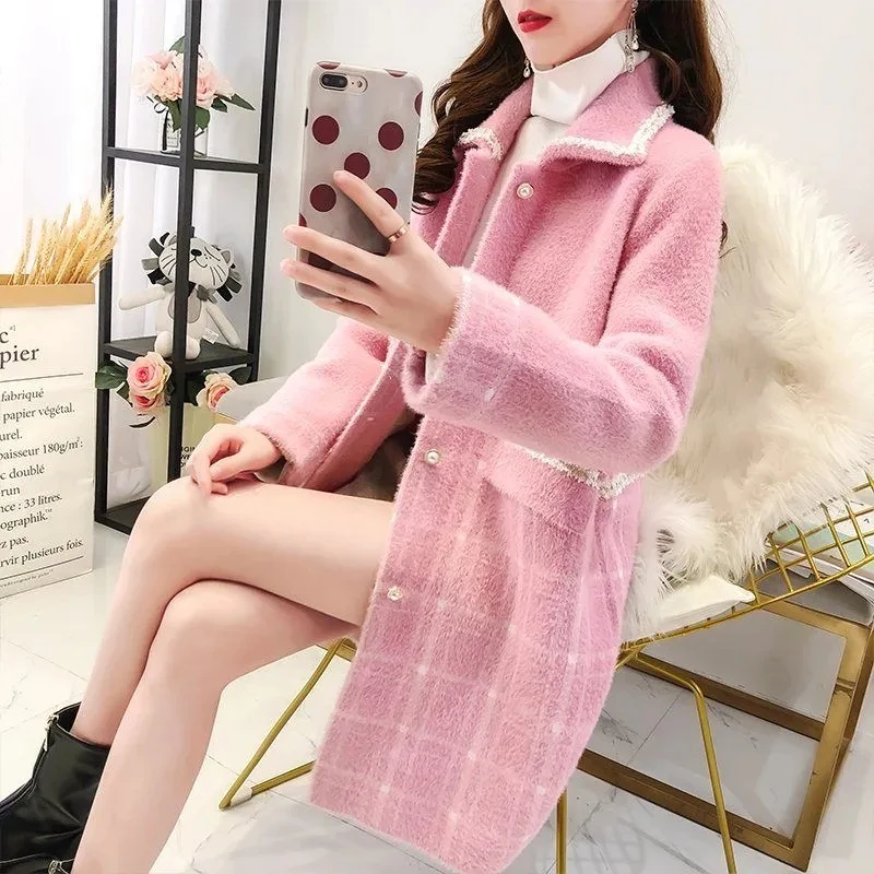 

Autumn Winter Coat Imitation Mink Velvet Sweater Cardigan Women Loose Mid-Length Knit Jacket Plaid Spliced Clothing Outwear