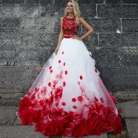 women handmake flowers ball gowns long prom dresstwo piece beach wedding dresses bridal gown romantic button