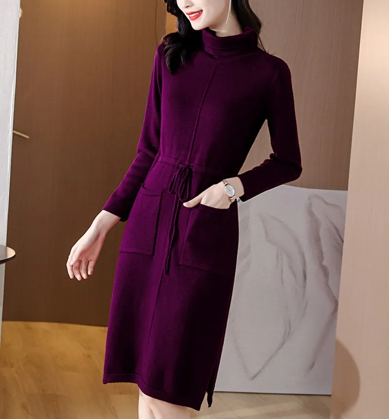 

2021 autumn winter straight sweater dress women high neck long sweater dress elegant female loose knit dress