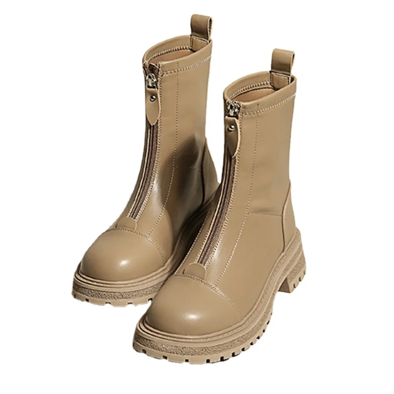 

New Martin Boots Women's Autumn and Winter Fleece-Lined Platform Real Soft Leather Mid-Calf Front Zip Booties