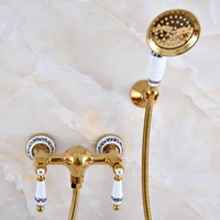 luxury polished gold color brass bathroom hand held shower head faucet set mixer tap dual ceramic handles mna987